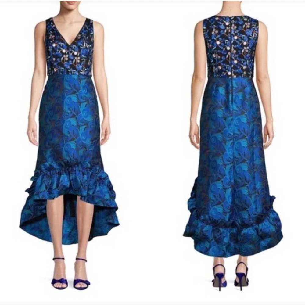 Belle Badgley Mischka Embroidered
Ruffle High-Low Jacquard Gown